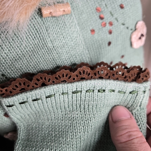 Vintage Storybook Knits Womens Mint Green Cardigan Floral Sz M Faux Fur Collar - Picture 8 of 13